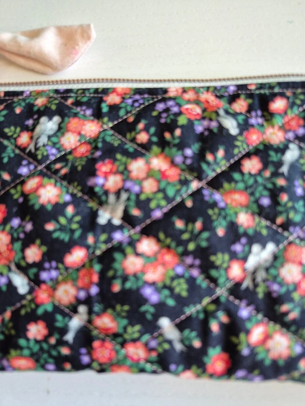 Handmade Quilted Floral Cosmetic Pouch with Bow Accent  flowers & birds material